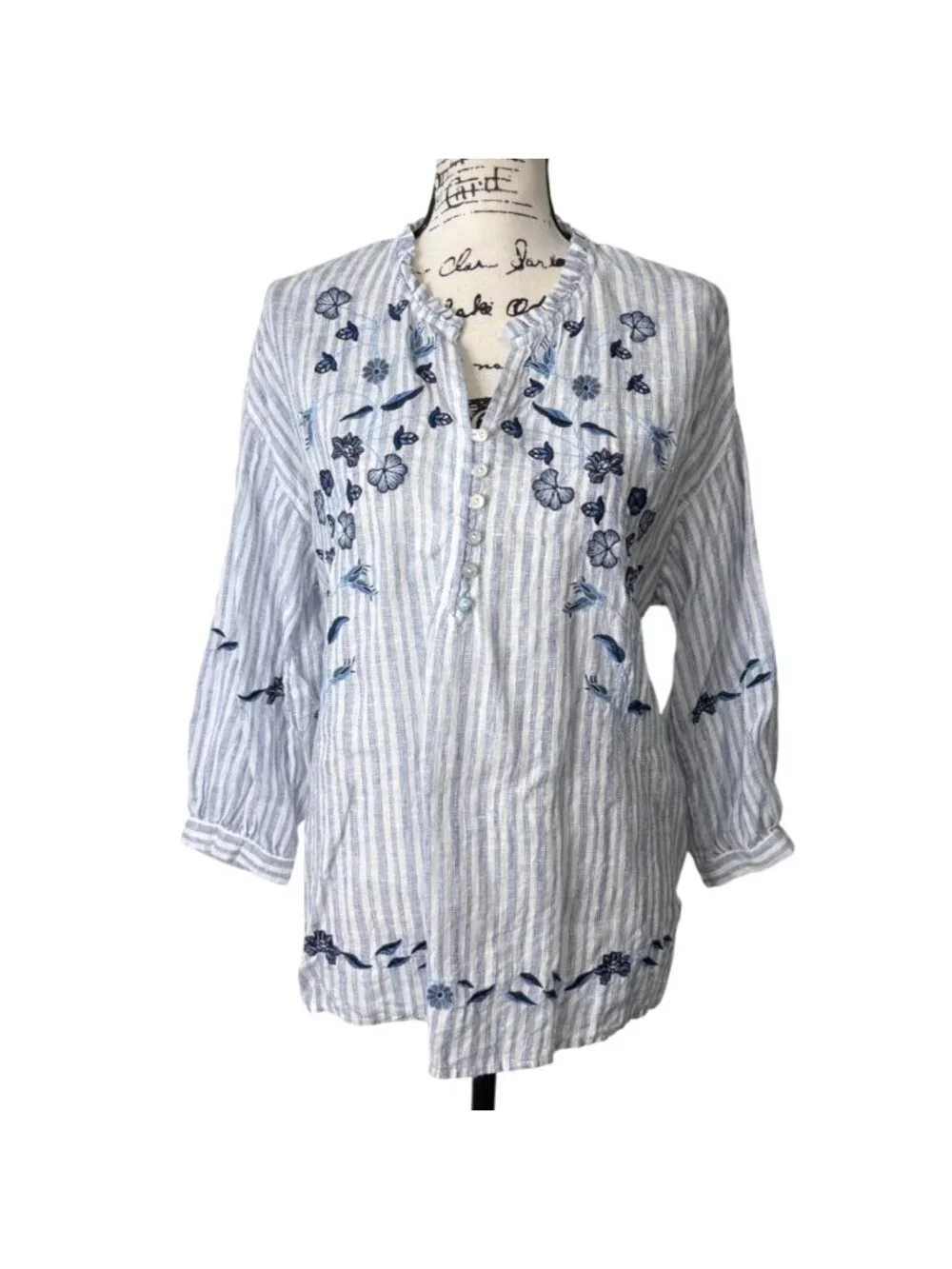 J. Jill Love Linen Womens Size S Linen Top Embroidered Tunic Blue White Stripe - Picture 1 of 8